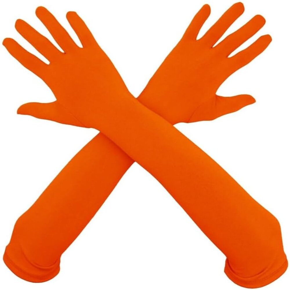Women's Satin Orange Gloves Elbow Length Full Finger Stretchy Party Costume
